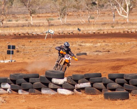 Alice Springs, Northern Territory, Australia - 2005: Motorbike competitor in the annual Finke Desert Race, a two-day off-road event from Alice Springs to Finke in outback Northern Territory.