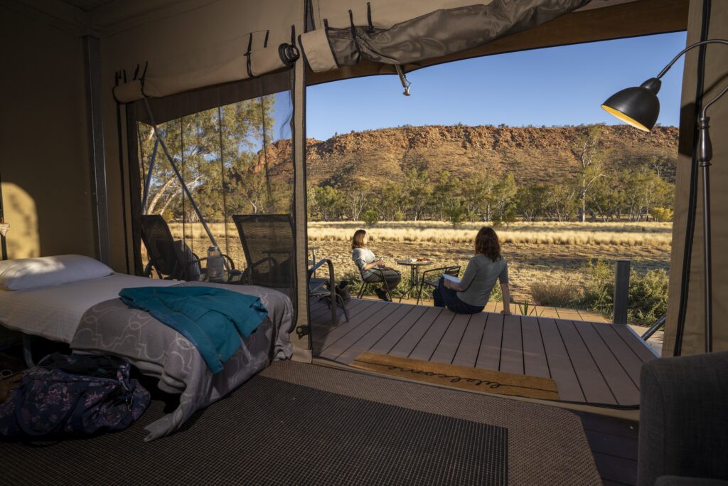 Enjoy the colours of Central Australia's scenery, birdlife, sunsets and night sky from the front deck of this Luxury Boutique Tent. 